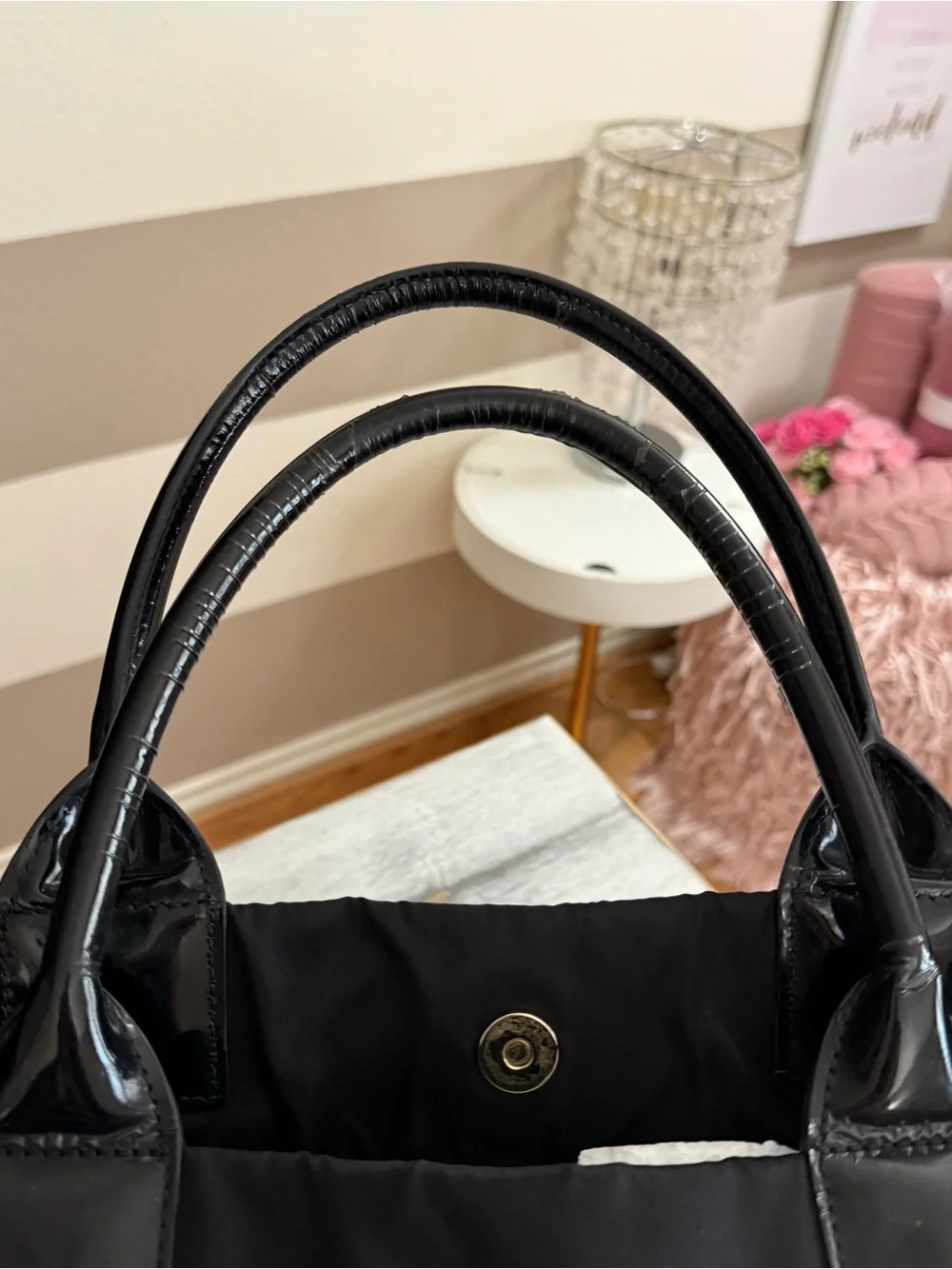 Tory Burch Ella Black Patent Logo nylon Tote